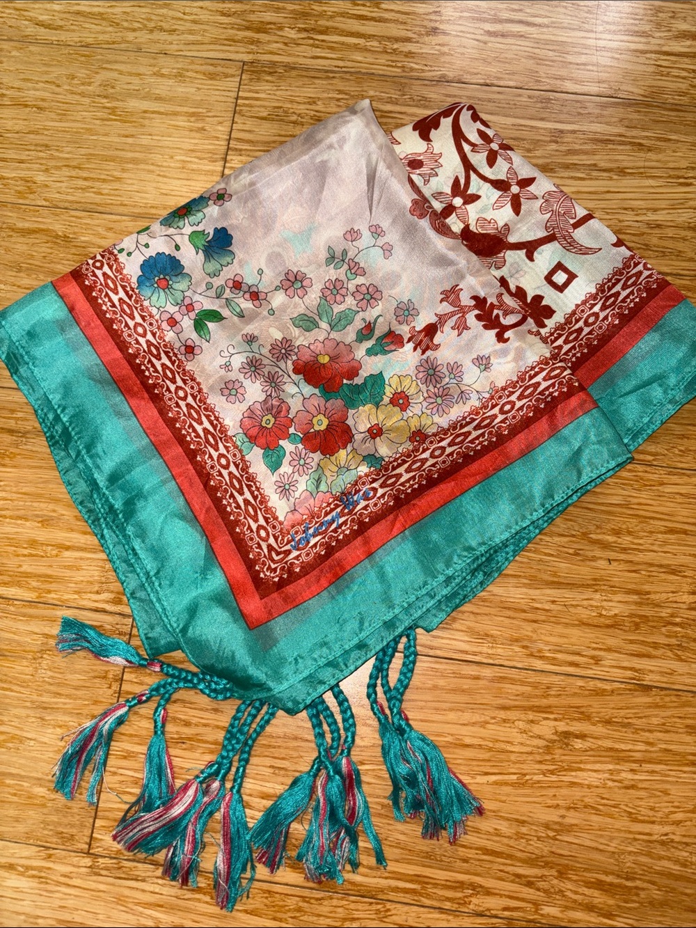 Johnny Was 100% Silk Tassel Scarf - Coral Floral Damask Boho designer peasant